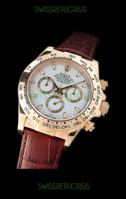 Rolex Daytona Cosmograph Swiss Replica Gold Watch in Brown Leather Strap