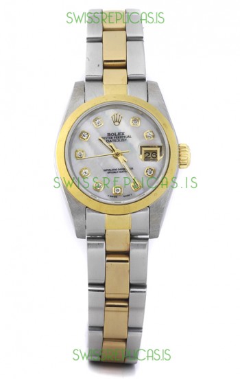 Rolex DateJust - Two Tone Ladies Swiss Replica Watch in White Mother of Pearl Dial
